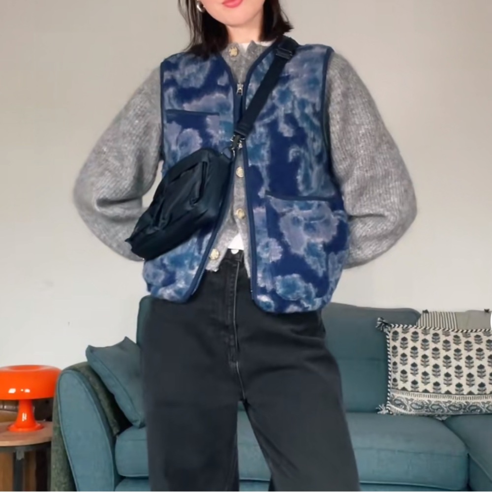 Universal Works Zip Waistcoat Vest Navy Plaid Austin Wool Fleece - M